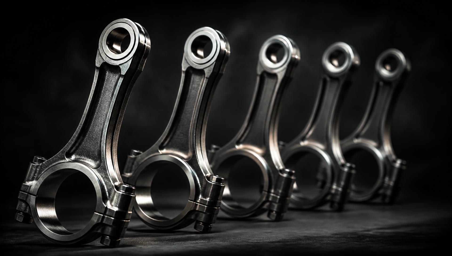 Crown forged connecting rods lined up under dramatic studio lighting